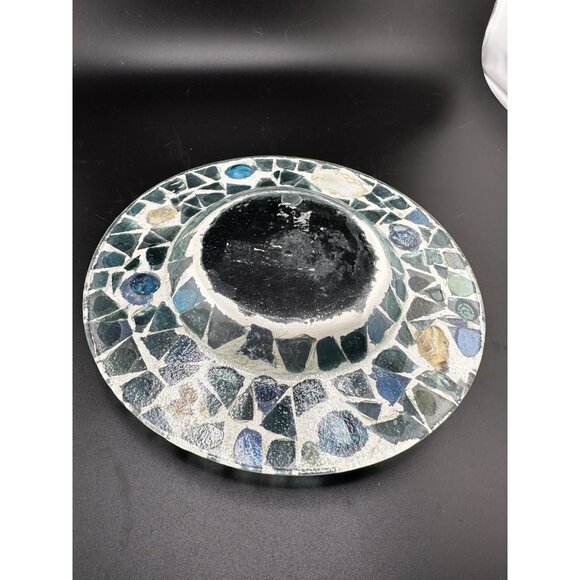 Blue Sea Glass Handmade Shells Cement Trinket Dish OOAK Mosaic 7” Round Pebbles - Picture 3 of 5